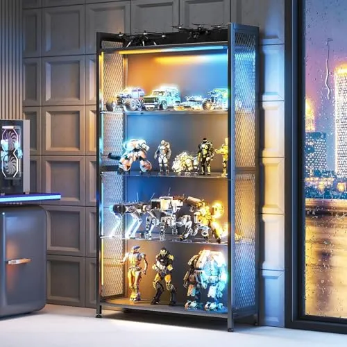 AODK RGB display case with glass shelves filled with collectible figures