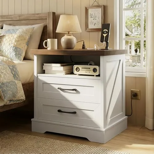 AODK Farmhouse Nightstand with Charging Station